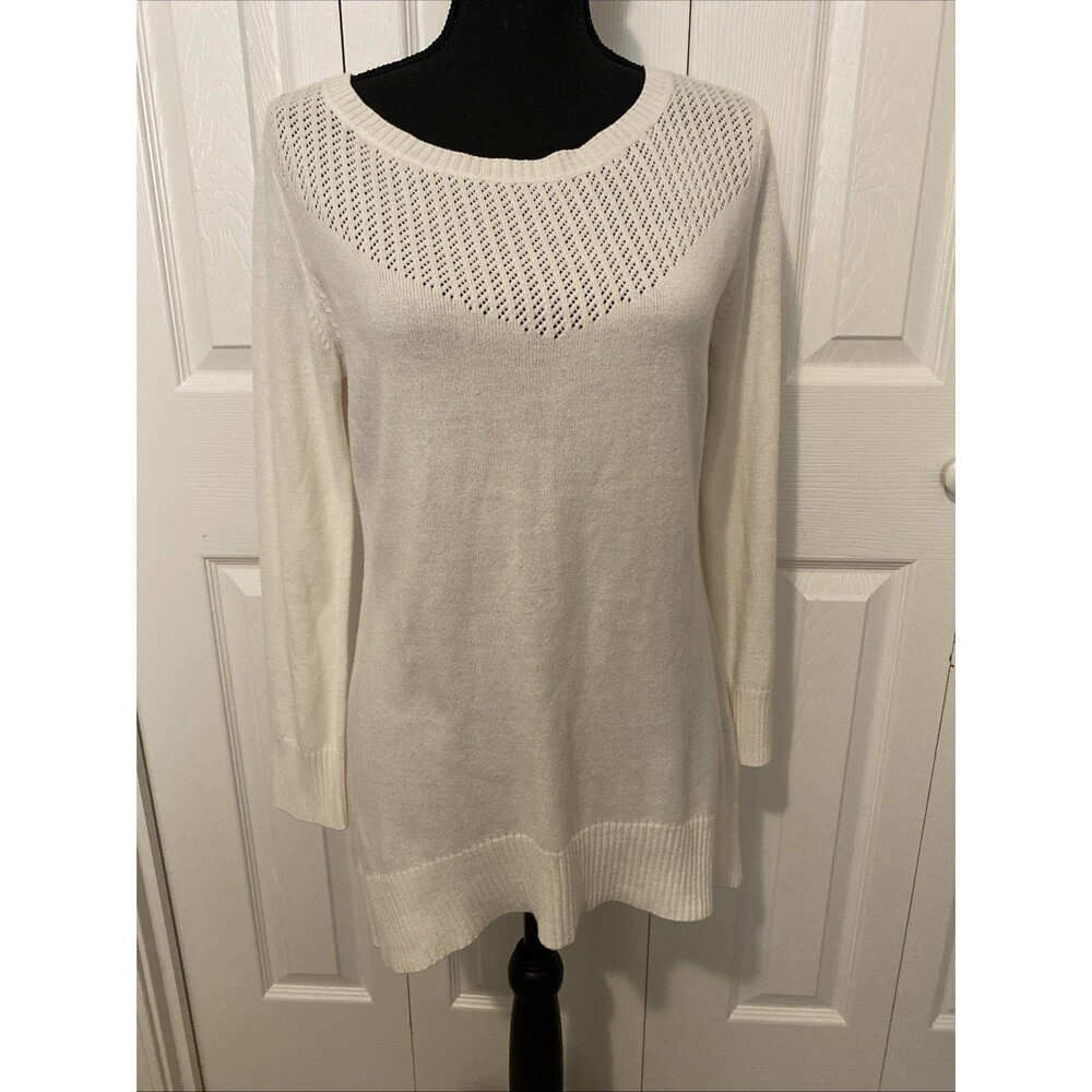New York & Company Size S Off White Open Knit Crochet Front Tunic Sweater